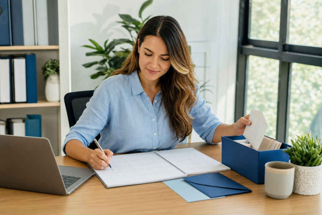 Small-business owner reviewing a weekly cash reserve calendar at a desk